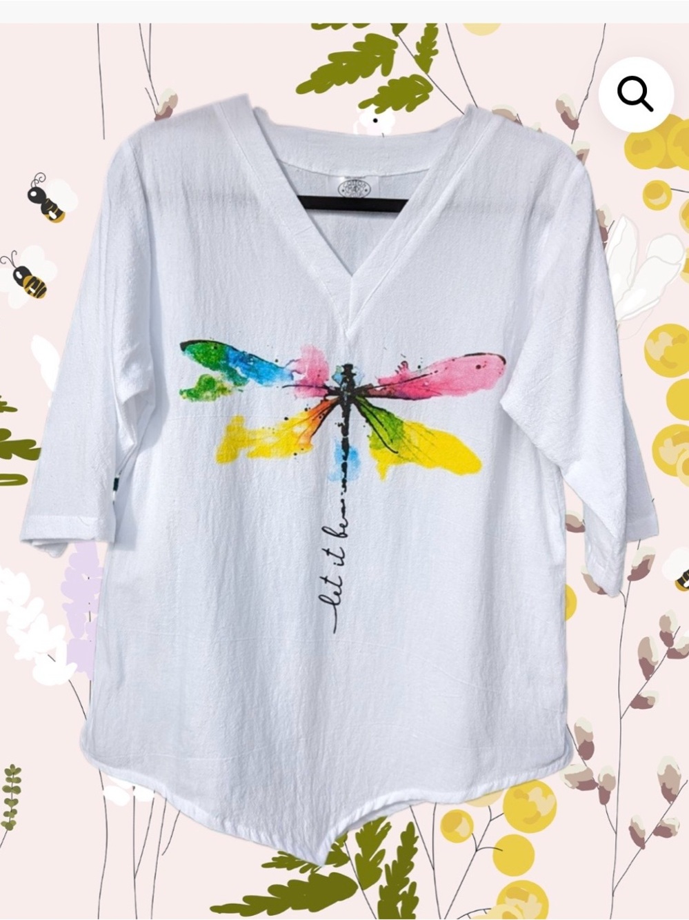 Cotton Made Casual White V-Neck Dragonfly Print Blouse - Multicolor Accent - Picture 2 of 7
